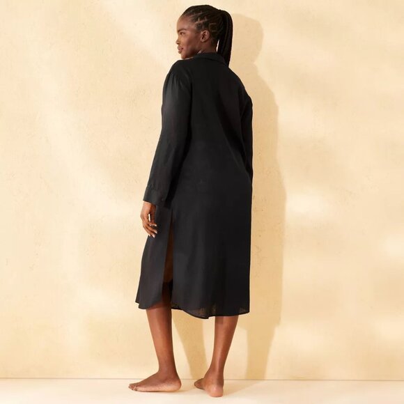 NWT Women's Linen Long Cover Up Shirtdress - Shade & Shore™ Black Sz M - Picture 4 of 5